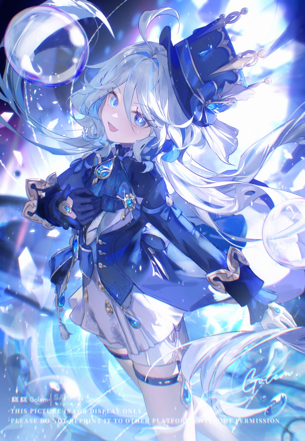 furina, garter, genshin_impact, golem_(he_ji_gao), heterochromia, official_watermark