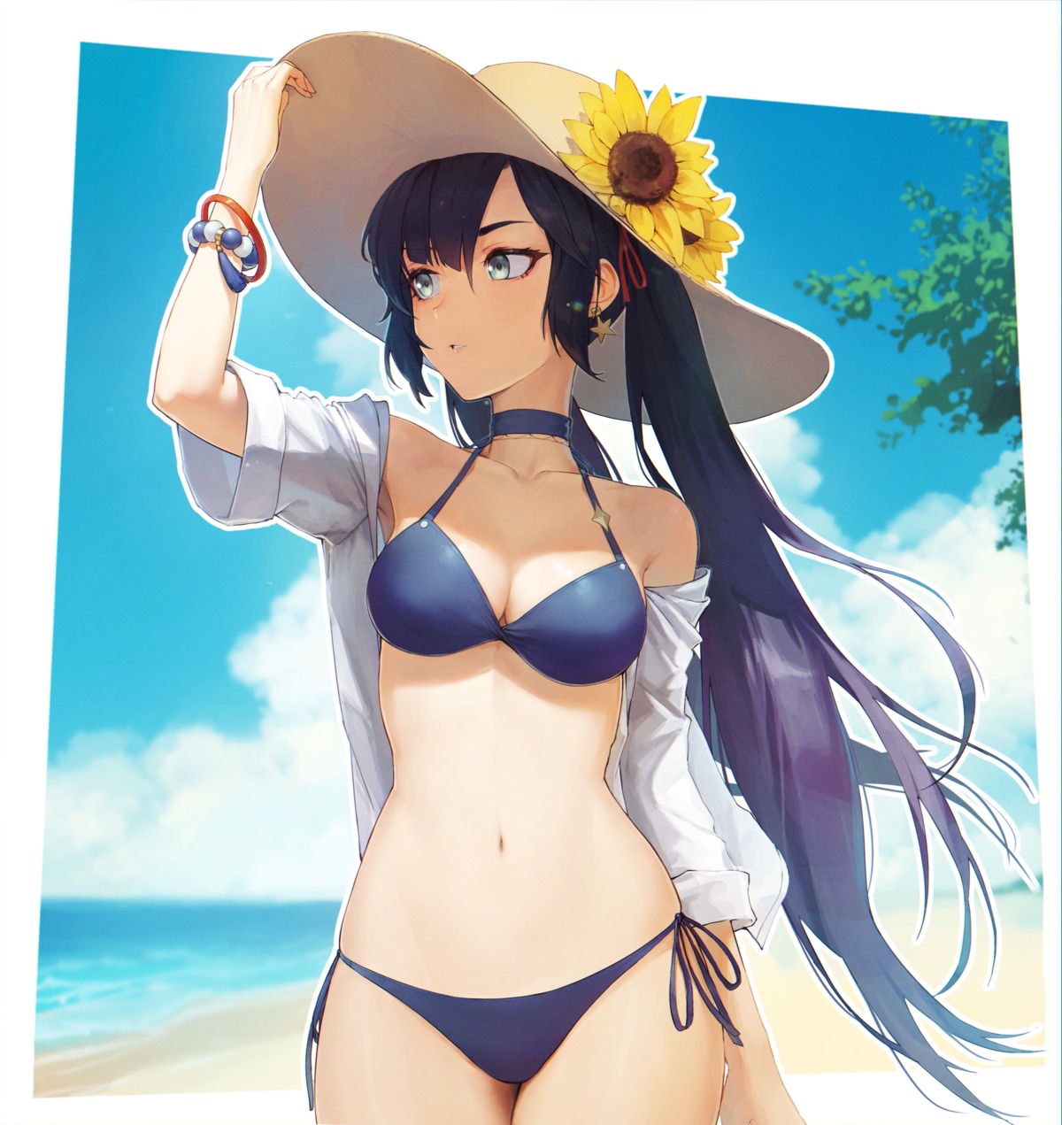 alaskastomatoez, bikini, genshin_impact, mona_megistus, open_shirt, see_through, swimsuits