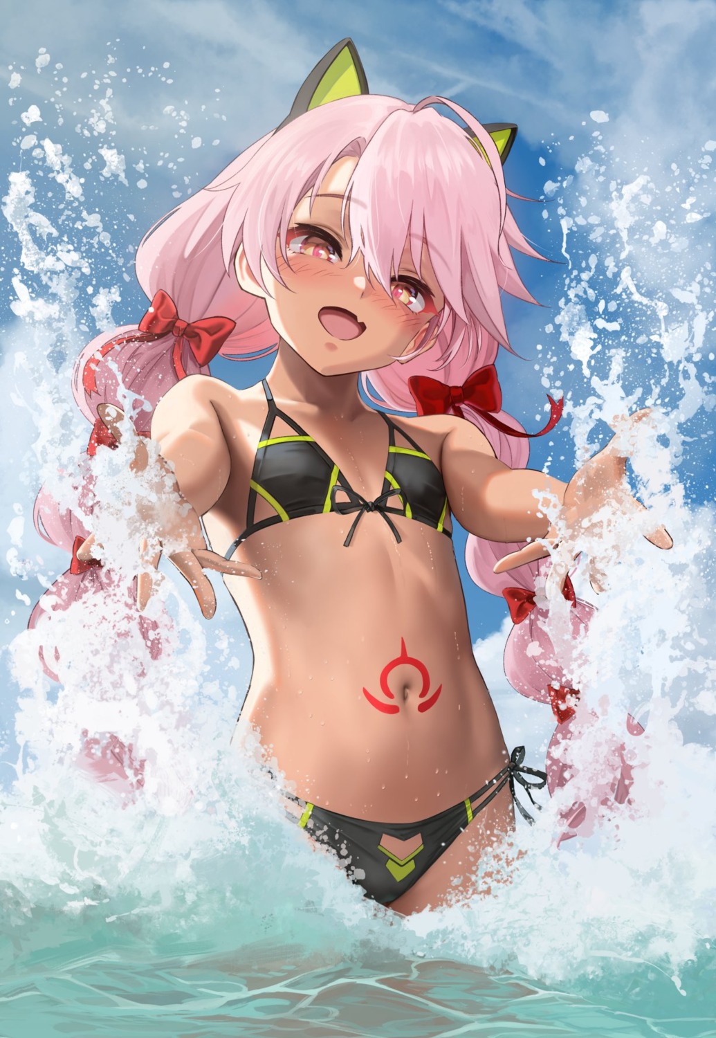 animal_ears, bikini, chloe_von_einzbern, fate/kaleid_liner_prisma_illya, fate/stay_night, nekomimi, swimsuits, tattoo, wet, yamaneko_(tkdrumsco)