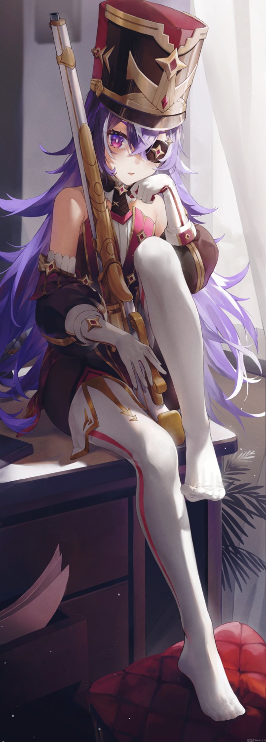 chevreuse, eyepatch, genshin_impact, gun, swkl:d, thighhighs, uniform