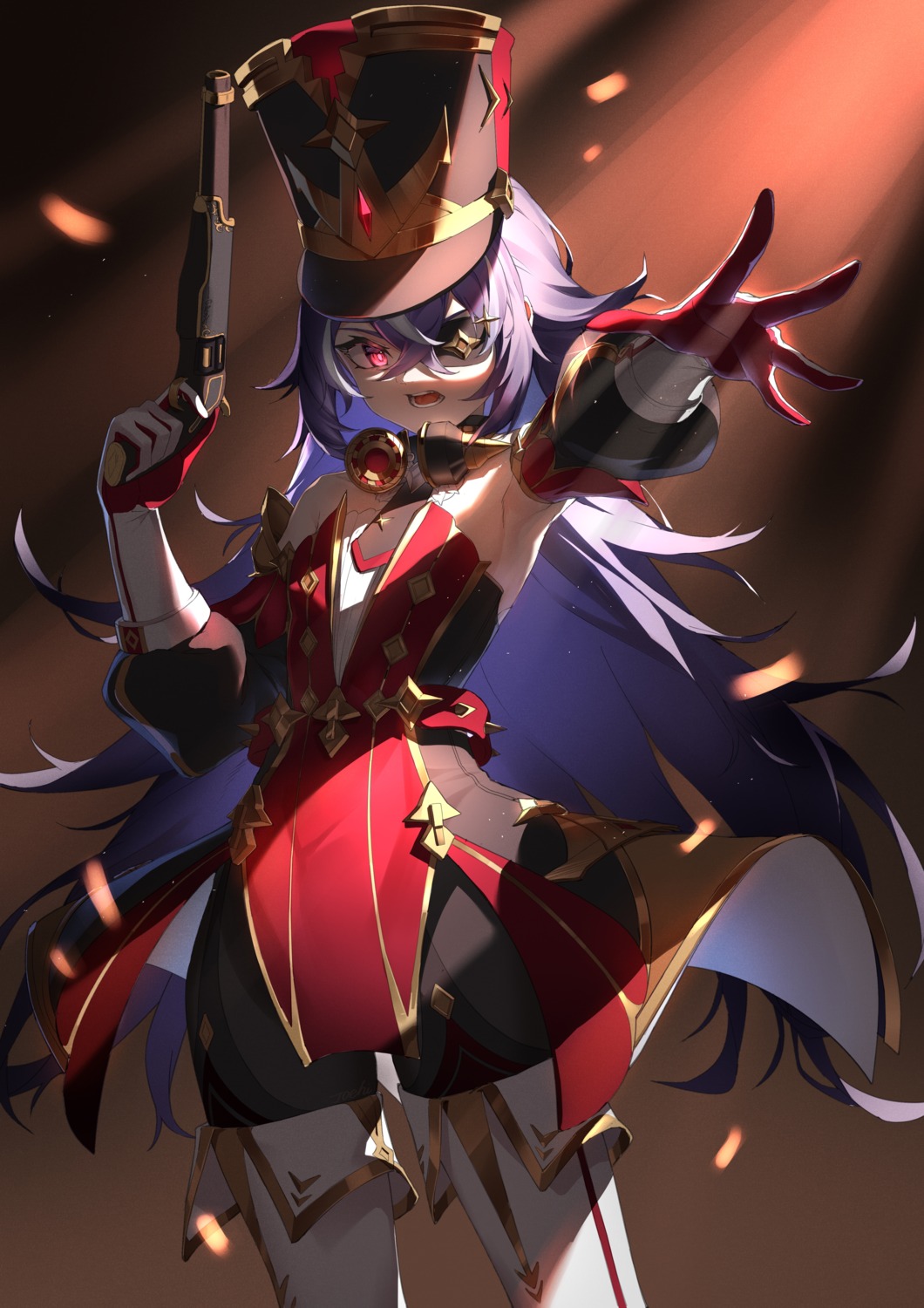 chevreuse, eyepatch, genshin_impact, gun, headphones, joehi, thighhighs, uniform