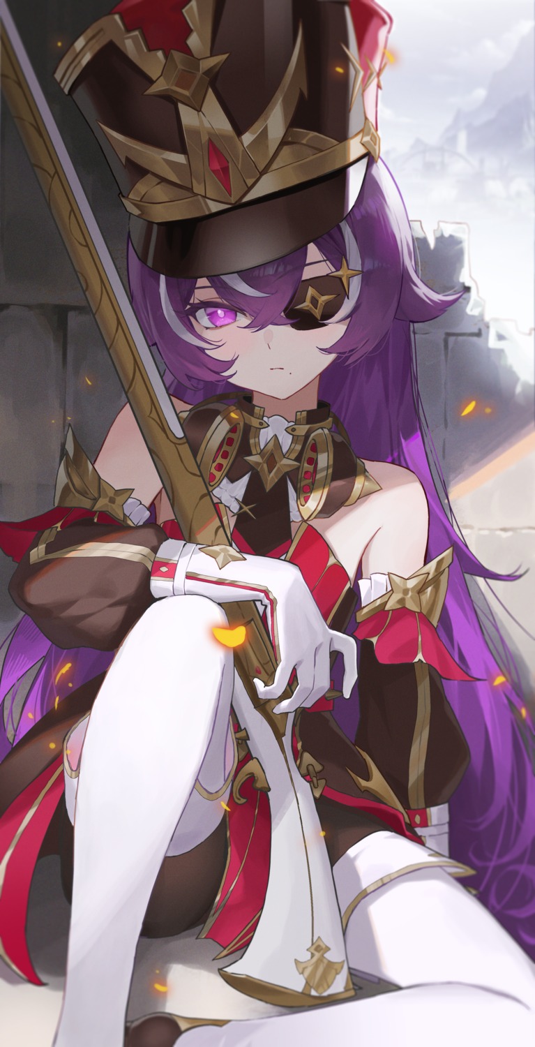 chevreuse, eyepatch, genshin_impact, gmirror1, gun, headphones, pantyhose, thighhighs