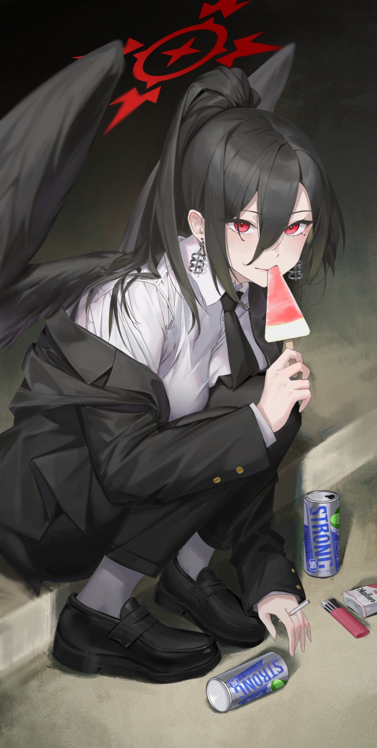 angel, blue_archive, business_suit, gmirror1, hanekawa_hasumi, smoking, wings