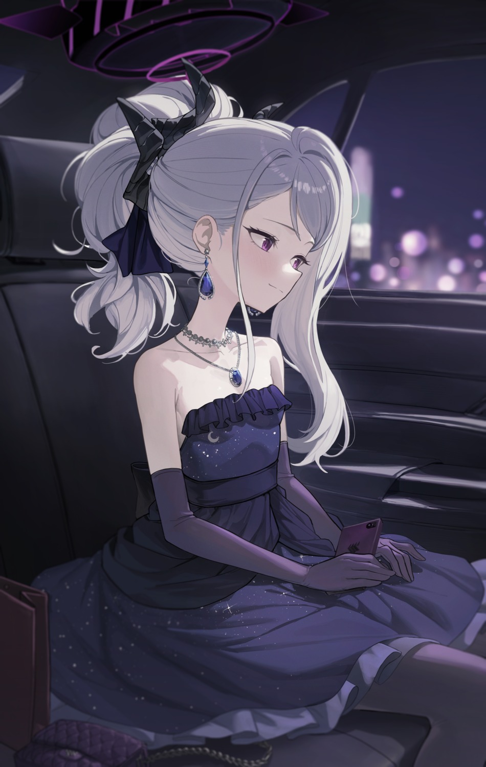 blue_archive, dress, goeleu, halo, horns, no_bra, pantyhose, sorasaki_hina