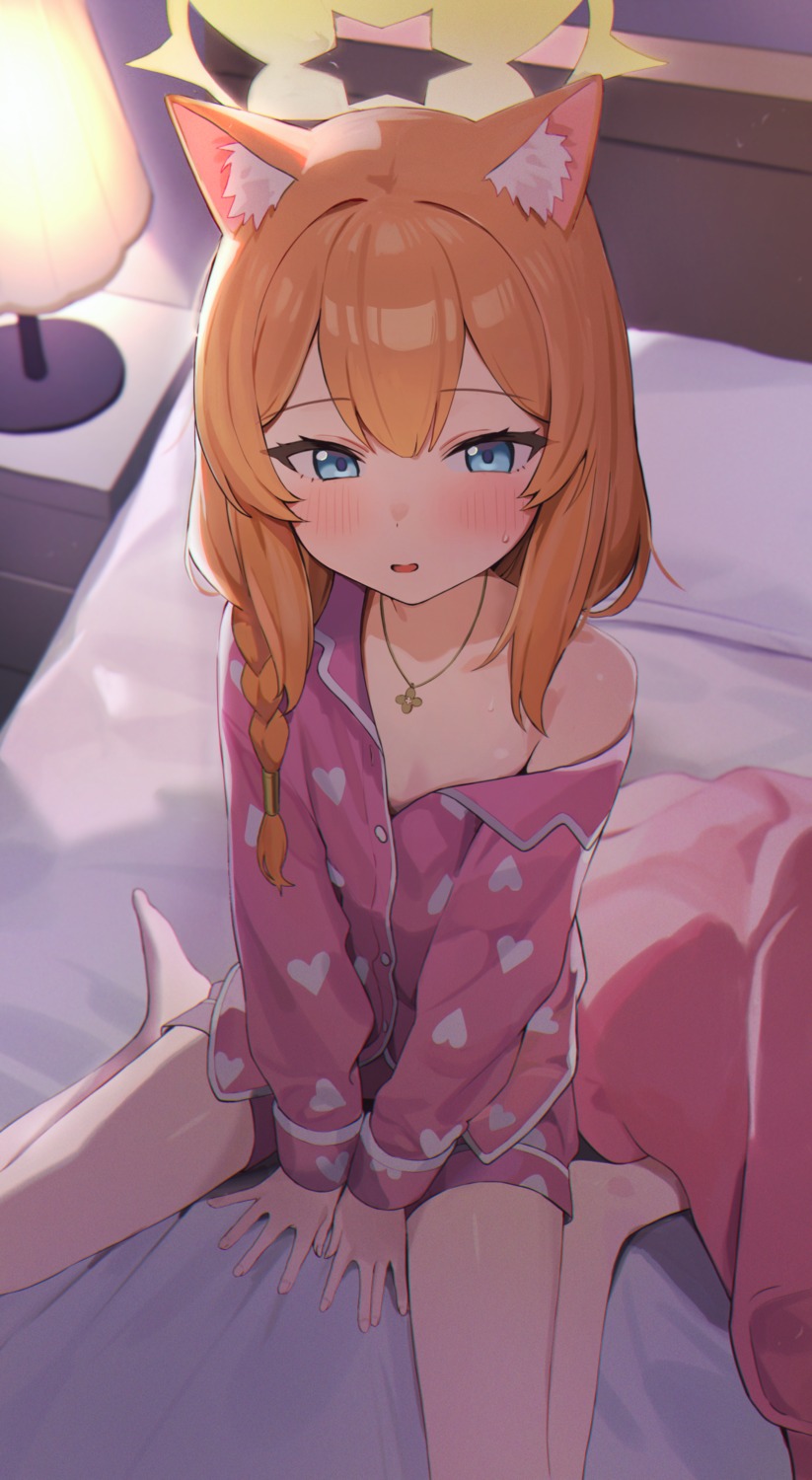 animal_ears, blue_archive, halo, iochi_mari, loloco, nekomimi, no_bra, open_shirt, pajama