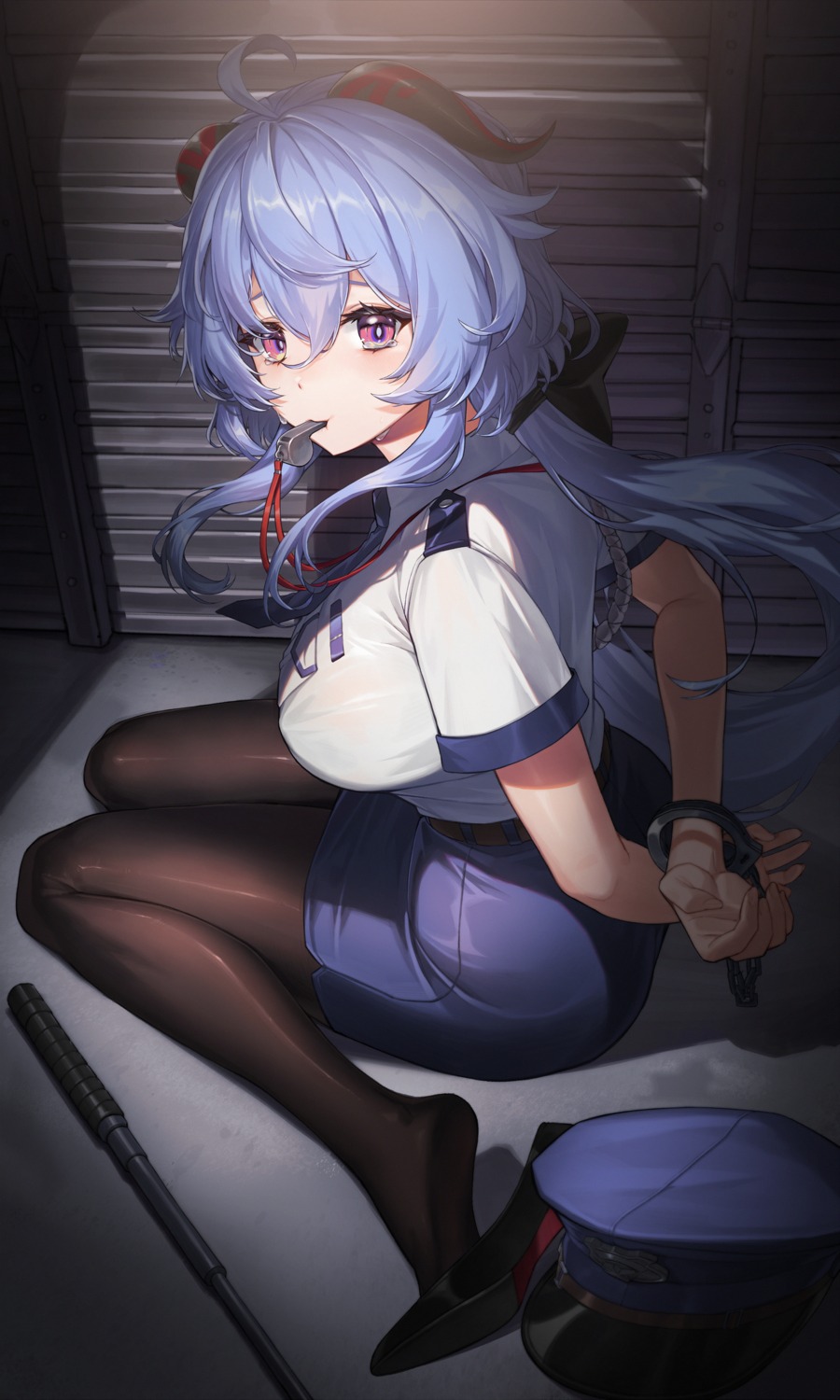 bondage, ganyu, genshin_impact, horns, pantyhose, sunnillust, uniform, weapon