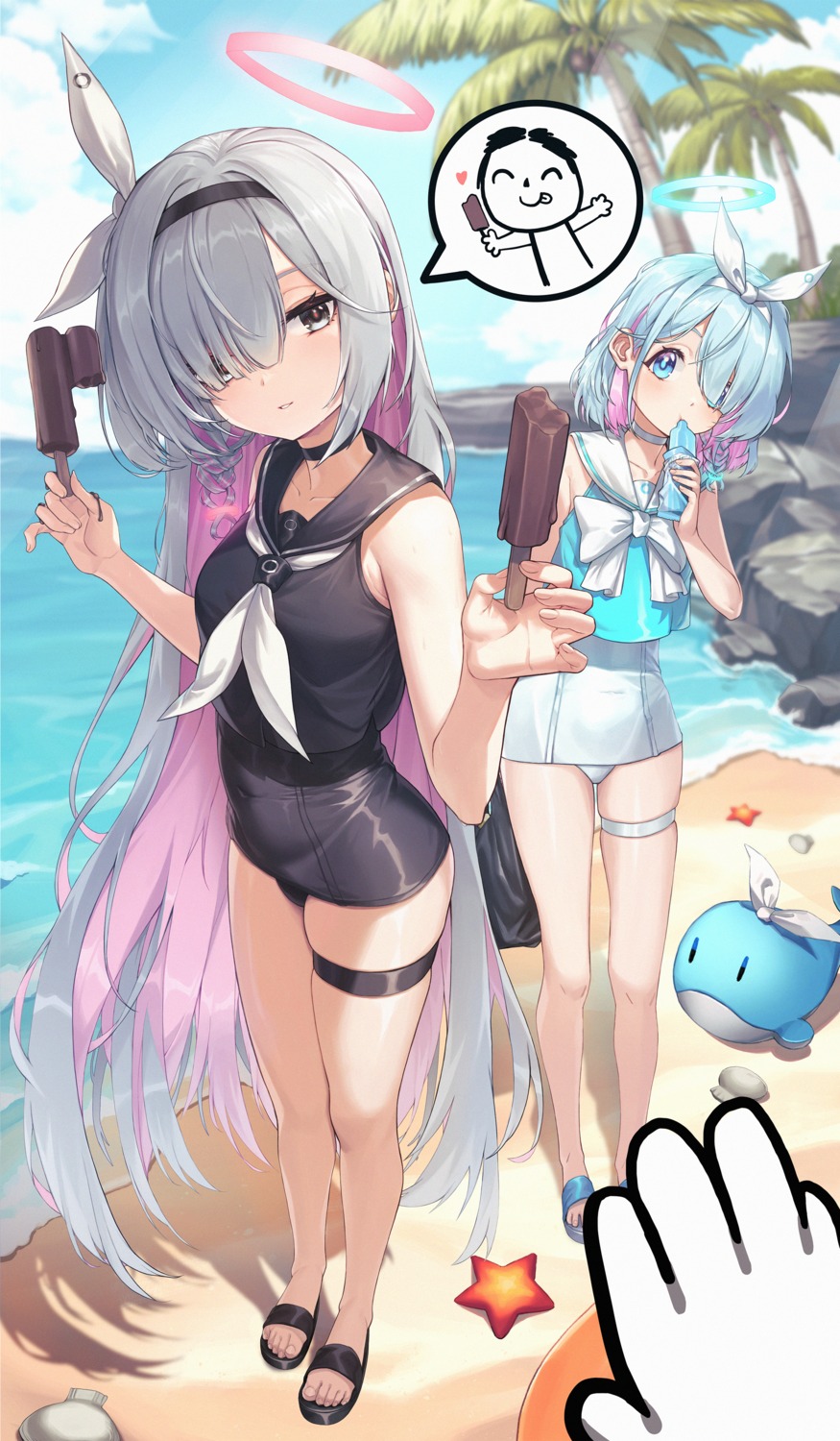 arona_(blue_archive), blue_archive, garter, halo, plana_(blue_archive), school_swimsuit, seifuku, sunnillust, swimsuits