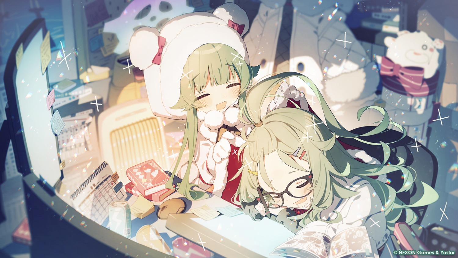 akiizumi_momiji, animal_ears, blue_archive, halo, himeki_meru, kasuga_izure, megane, seifuku, wallpaper