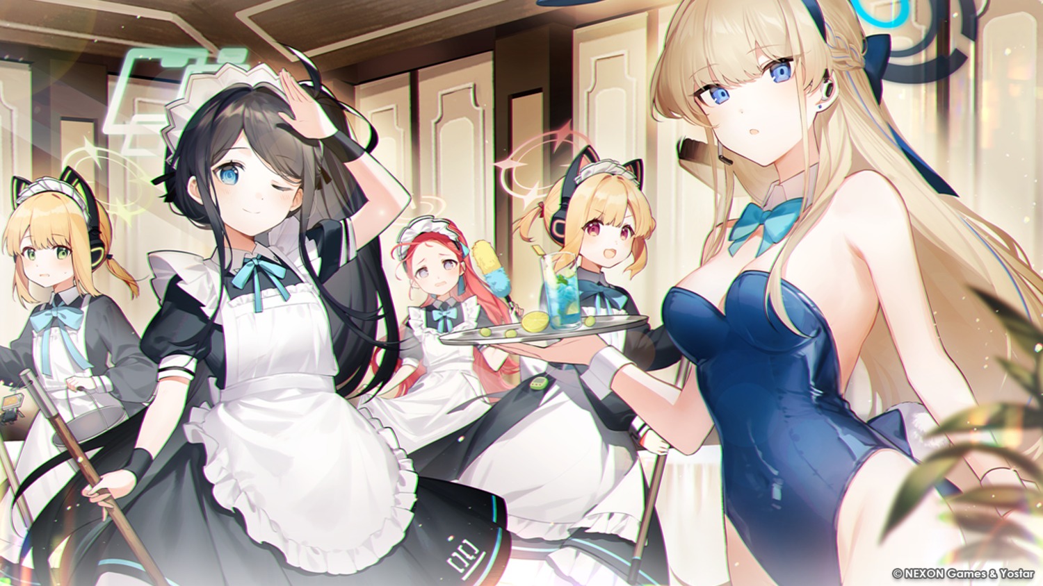 animal_ears, asuma_toki, blue_archive, bunny_ears, bunny_girl, halo, hanaoka_yuzu, headphones