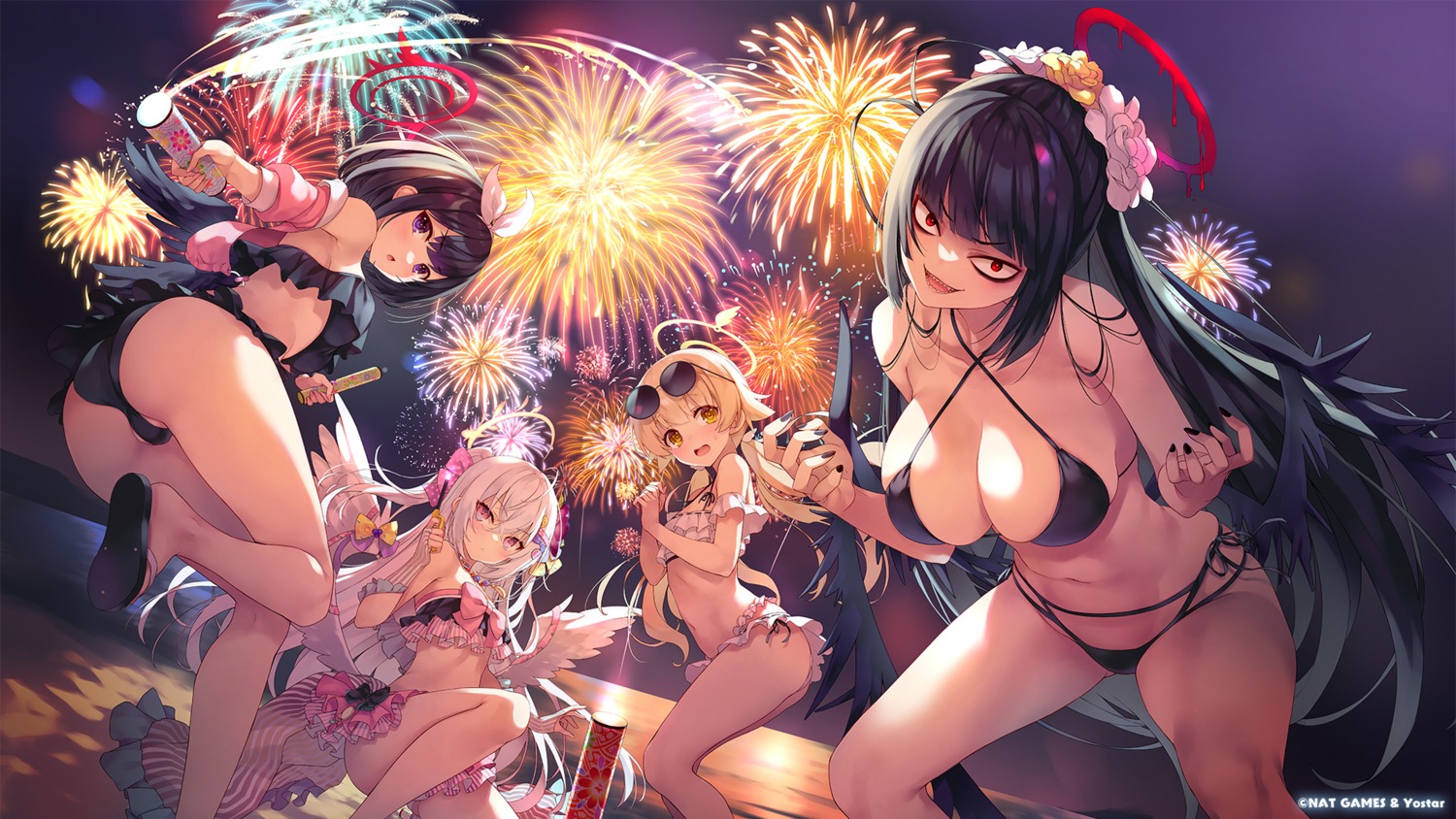 ajitani_hifumi, angel, bikini, blue_archive, halo, kenzaki_tsurugi, megane, shirasu_azusa, shizuyama_mashiro, swimsuits, tomose_shunsaku, wallpaper, wings