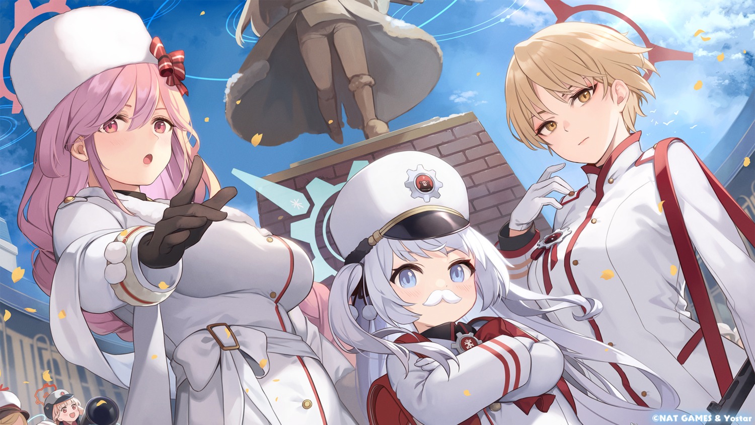 amami_nodoka, blue_archive, gun, halo, ikekura_marina, kurige_horse, renkawa_cherino, sashiro_tomoe