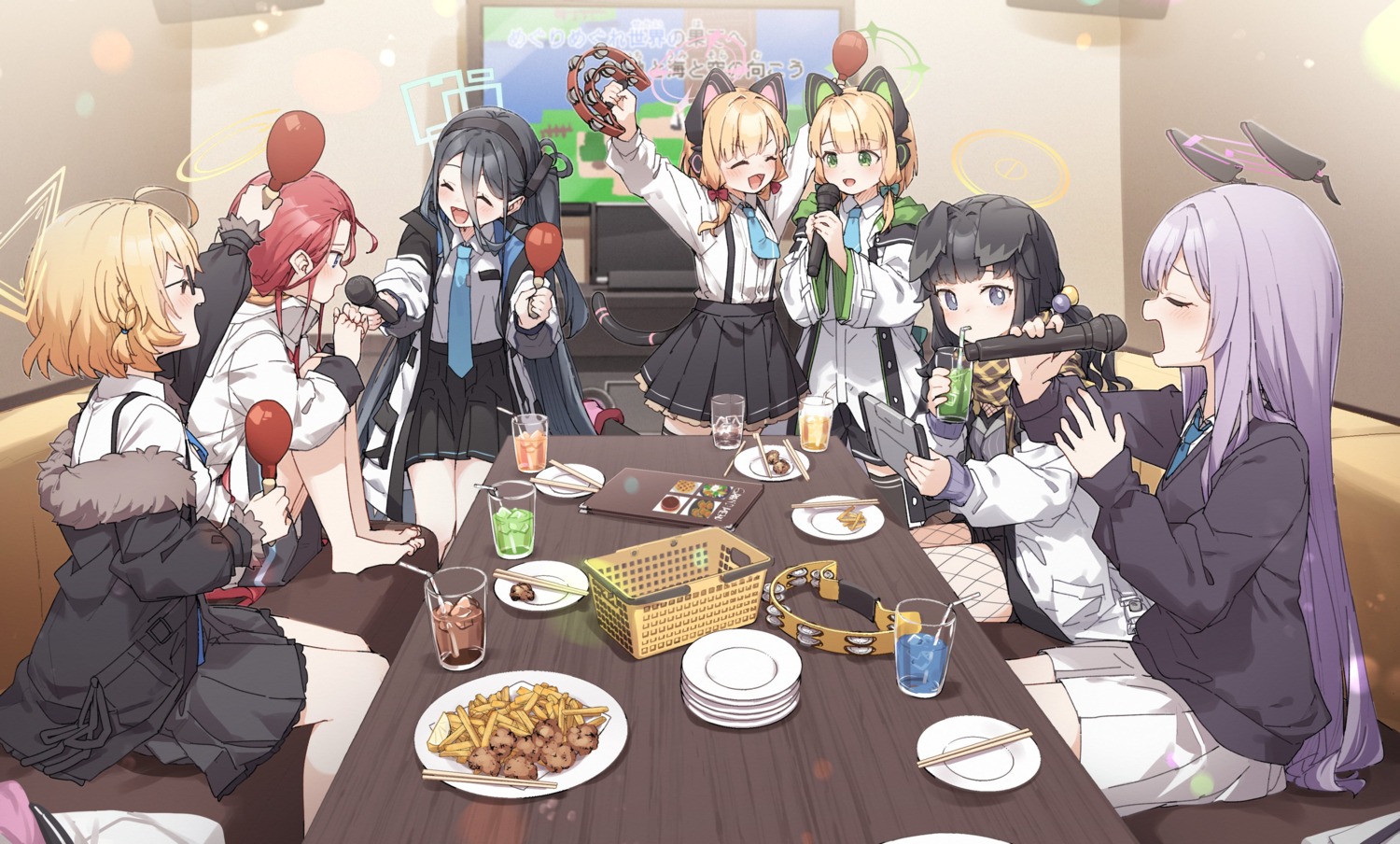 animal_ears, blue_archive, fishnets, halo, hanaoka_yuzu, headphones, inumimi, kusaka_shi, megane, nekomimi, nekozuka_hibiki, pantyhose, saiba_midori, saiba_momoi, seifuku, shiraishi_utaha, sweater, tail, tendou_aris, thighhighs, toyomi_kotori