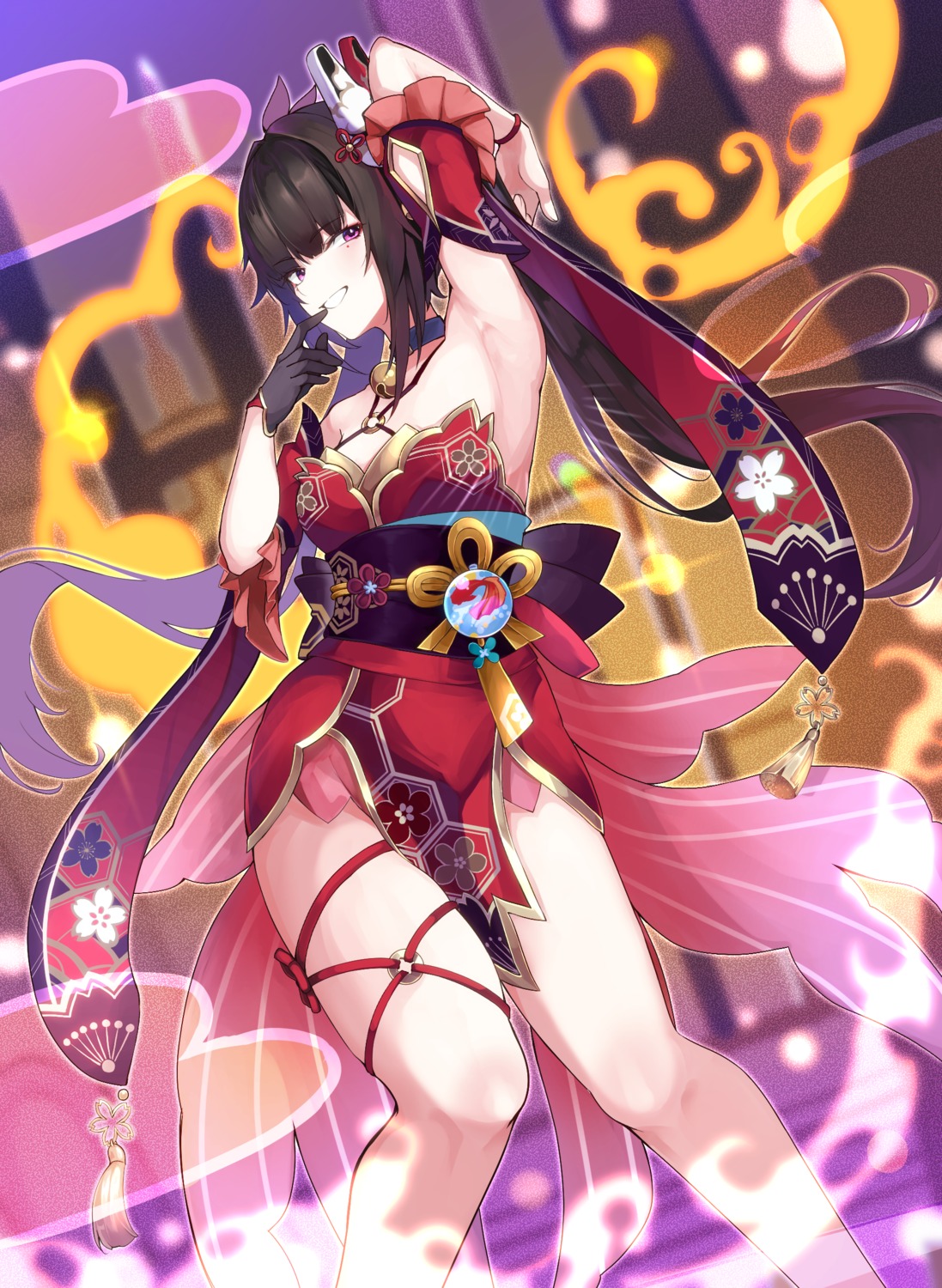 ekusera, garter, honkai:_star_rail, japanese_clothes, no_bra, sparkle