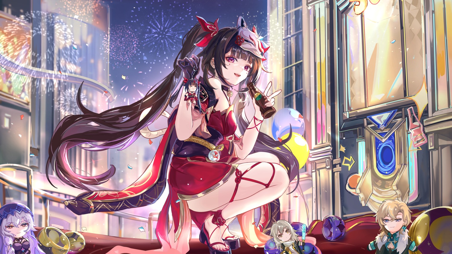 aventurine, black_swan_(honkai:_star_rail), chibi, garter, honkai:_star_rail, japanese_clothes, sparkle, stelle
