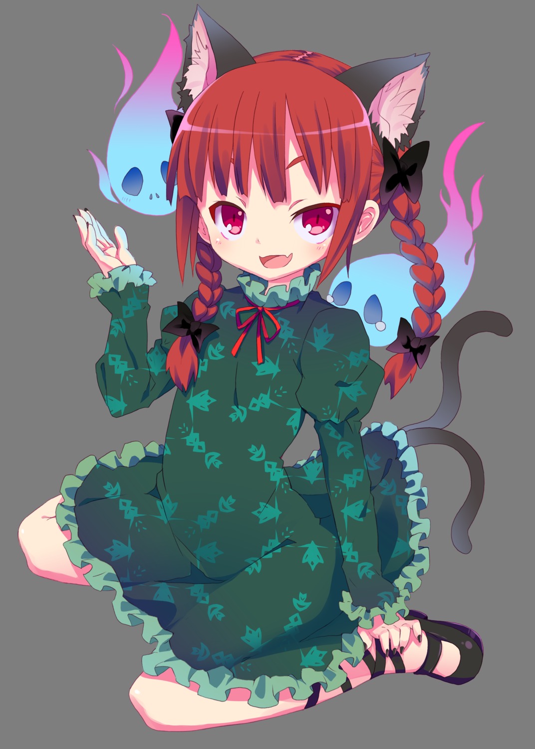 animal_ears, dress, kaenbyou_rin, kishiri_toworu, nekomimi, tail, touhou, transparent_png