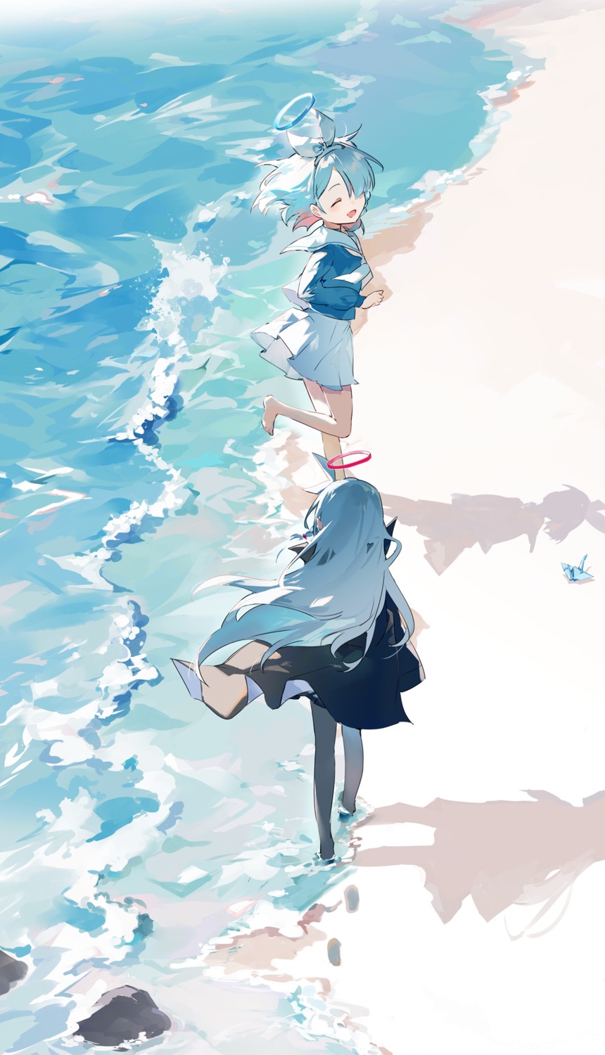arona_(blue_archive), blue_archive, halo, karasu_btk, landscape, pantyhose, plana_(blue_archive), seifuku, skirt_lift, wet