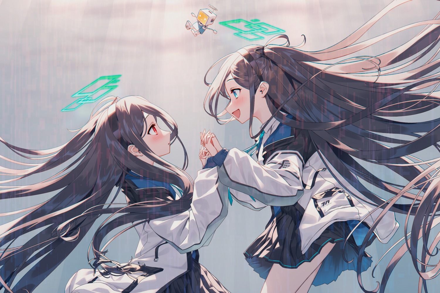 blew_andwhite, blue_archive, halo, seifuku, skirt_lift, tendou_aris, tendou_kei, yuri