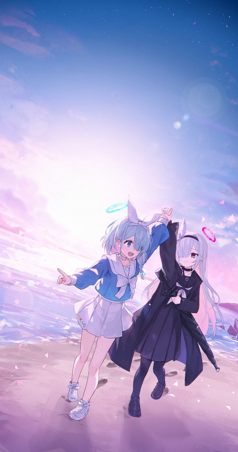 arona_(blue_archive), blue_archive, gun, halo, landscape, makihitsuji, pantyhose, plana_(blue_archive), seifuku, umbrella