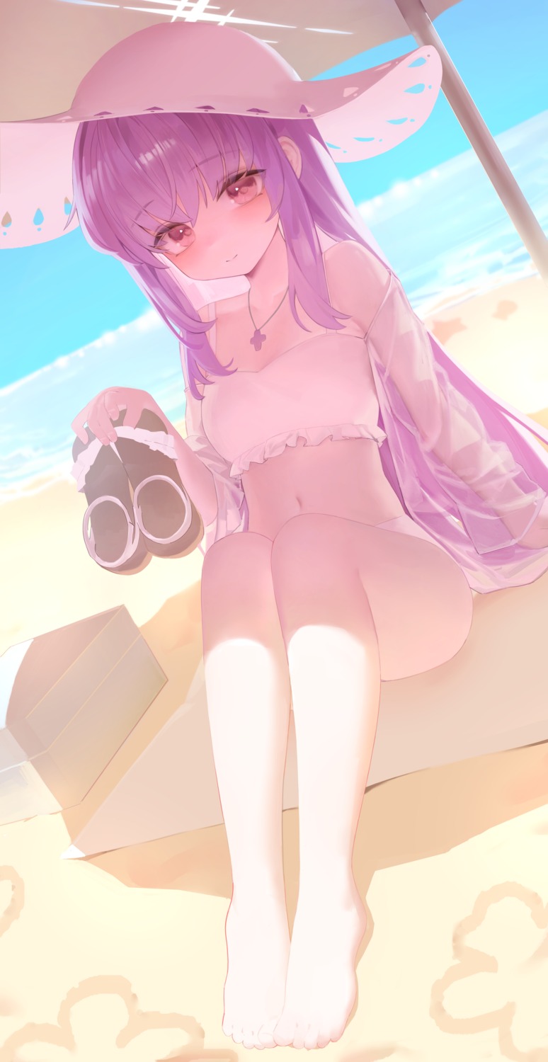 bikini, blue_archive, feet, hakari_atsuko, halo, klakmon, open_shirt, pantyhose