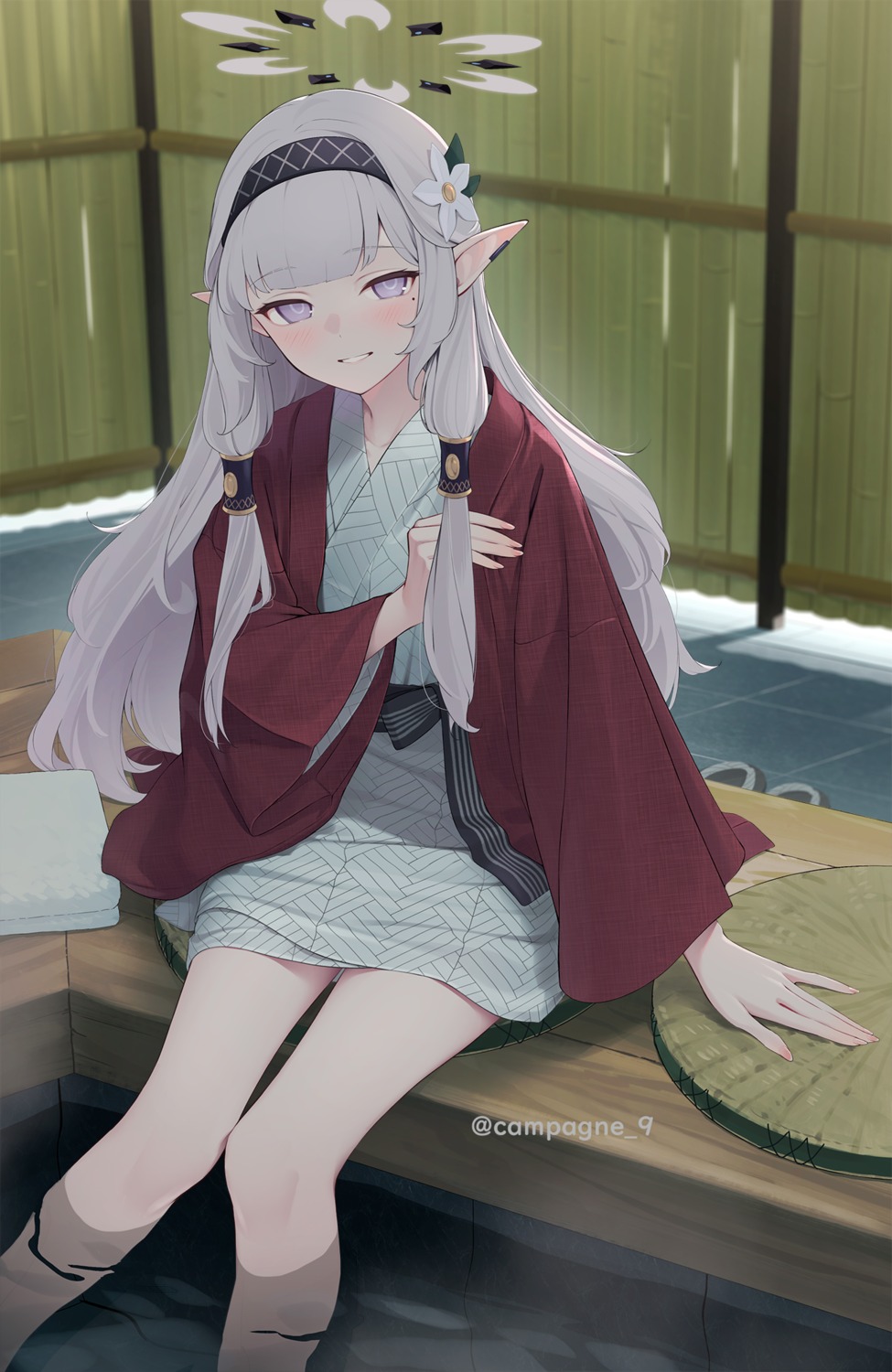 akeboshi_himari, blue_archive, halo, kanpa_(campagne_9), onsen, pointy_ears, wet, yukata