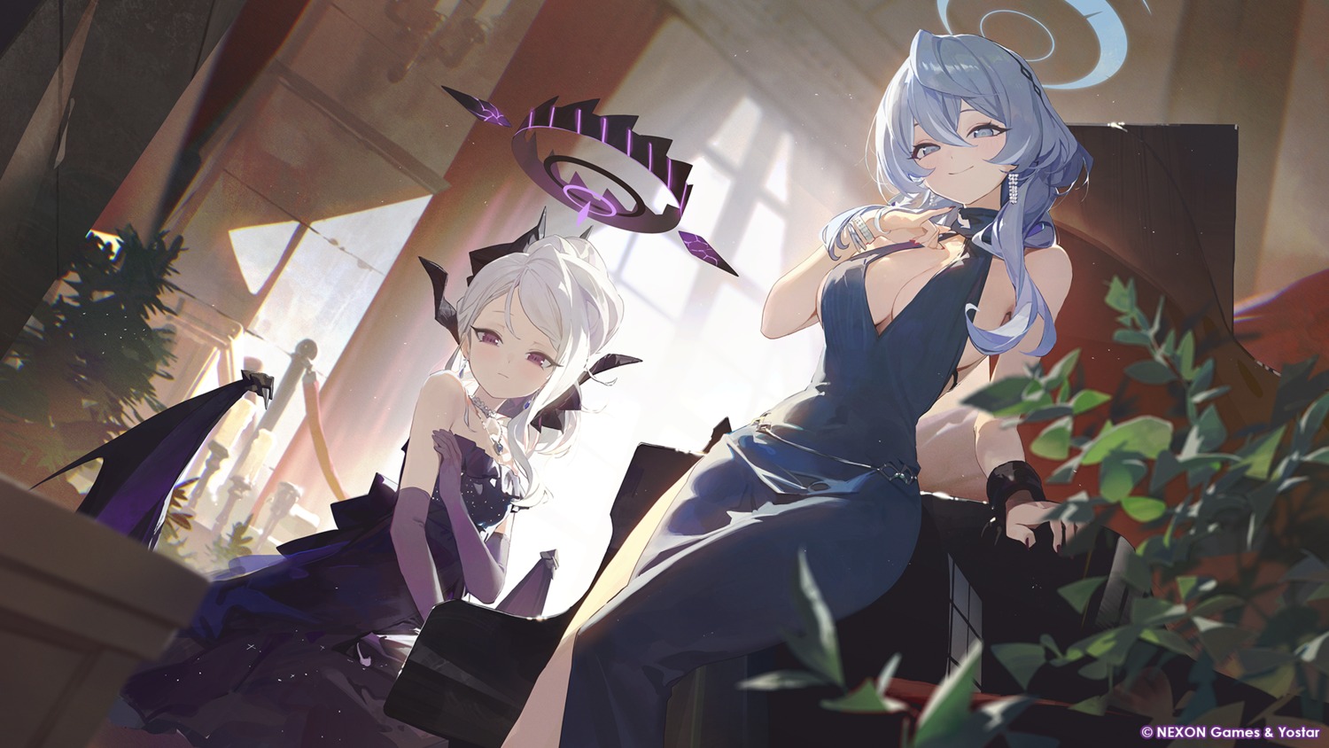 amau_ako, blue_archive, devil, dress, halo, horns, modare, no_bra, sorasaki_hina, wallpaper, wings