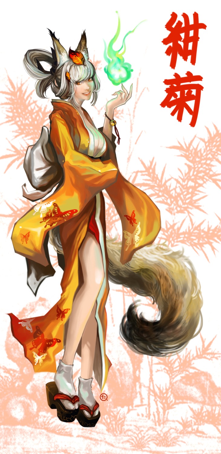 animal_ears, cleavage, japanese_clothes, kimono, kongiku, oboro_muramasa