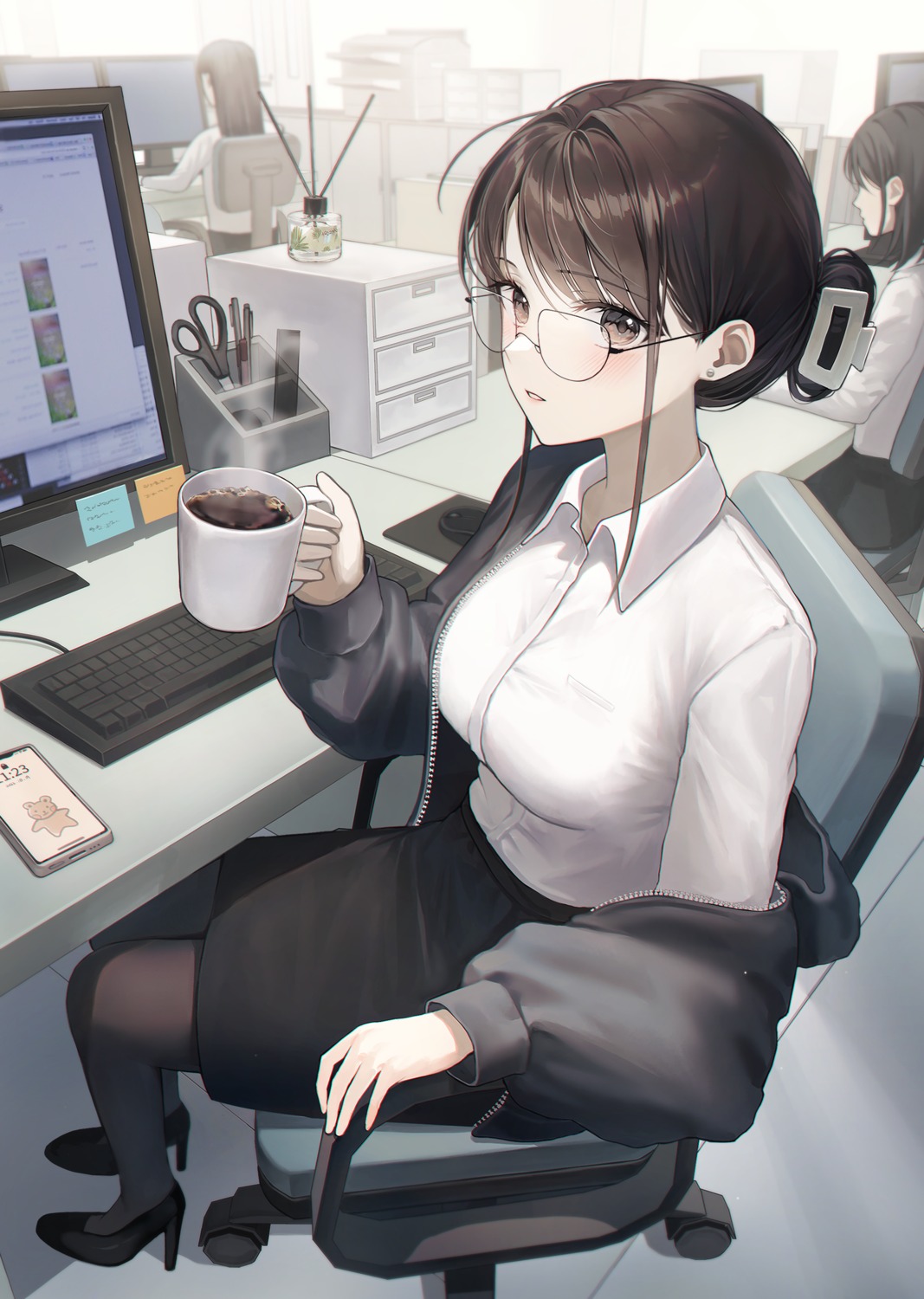 dress_shirt, heels, megane, monjja, pantyhose