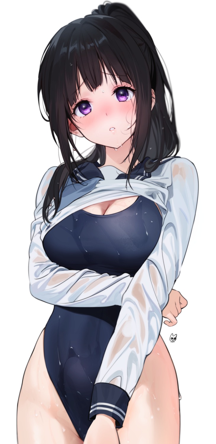 breast_hold, chitanda_eru, cleavage, hyouka, mery_(yangmalgage), see_through, seifuku, shirt_lift