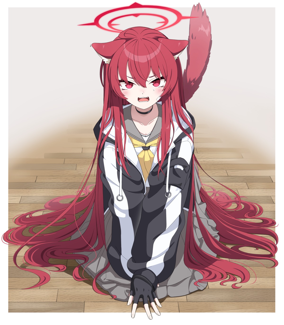 animal_ears, blue_archive, halo, kokolokokomika, komakaze_rabu, nekomimi, seifuku, tail