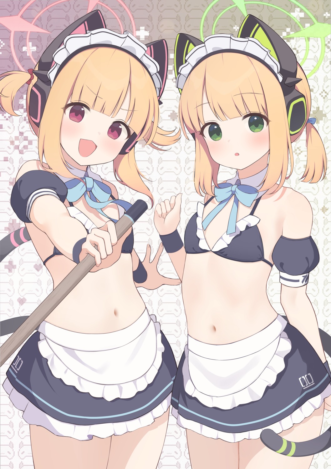 animal_ears, artist_revision, bikini_top, blue_archive, halo, hazuki_lime, headphones, maid, nekomimi, saiba_midori, saiba_momoi, swimsuits, tail