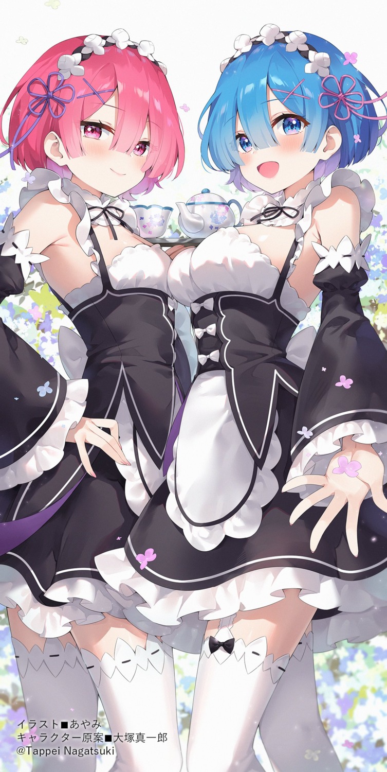 ayamy, maid, ram_(re_zero), re:zero_kara_hajimeru_isekai_seikatsu, rem_(re_zero), stockings, symmetrical_docking, thighhighs