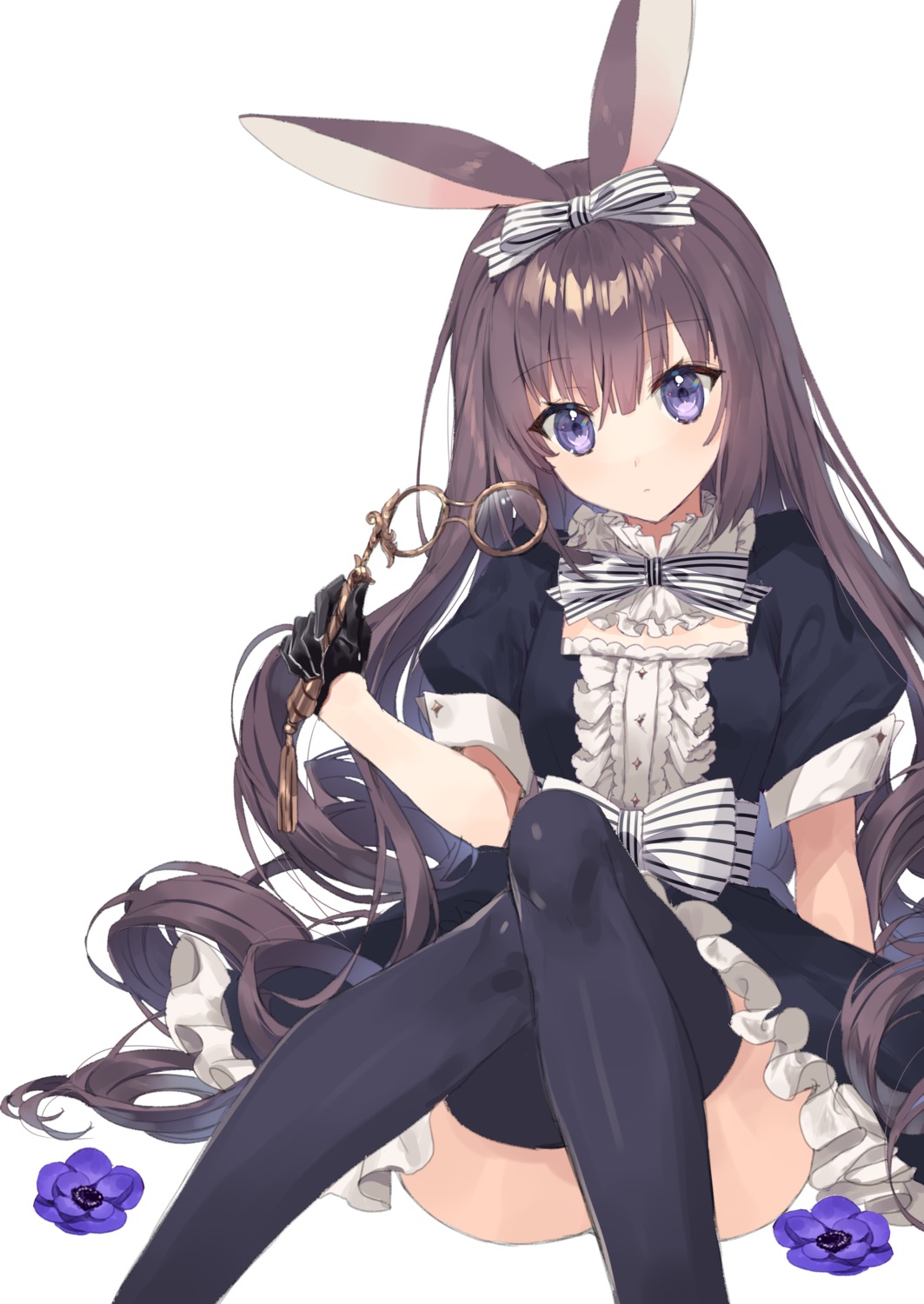 animal_ears, bunny_ears, dress, gothic_lolita, lolita_fashion, megane, skirt_lift, thighhighs