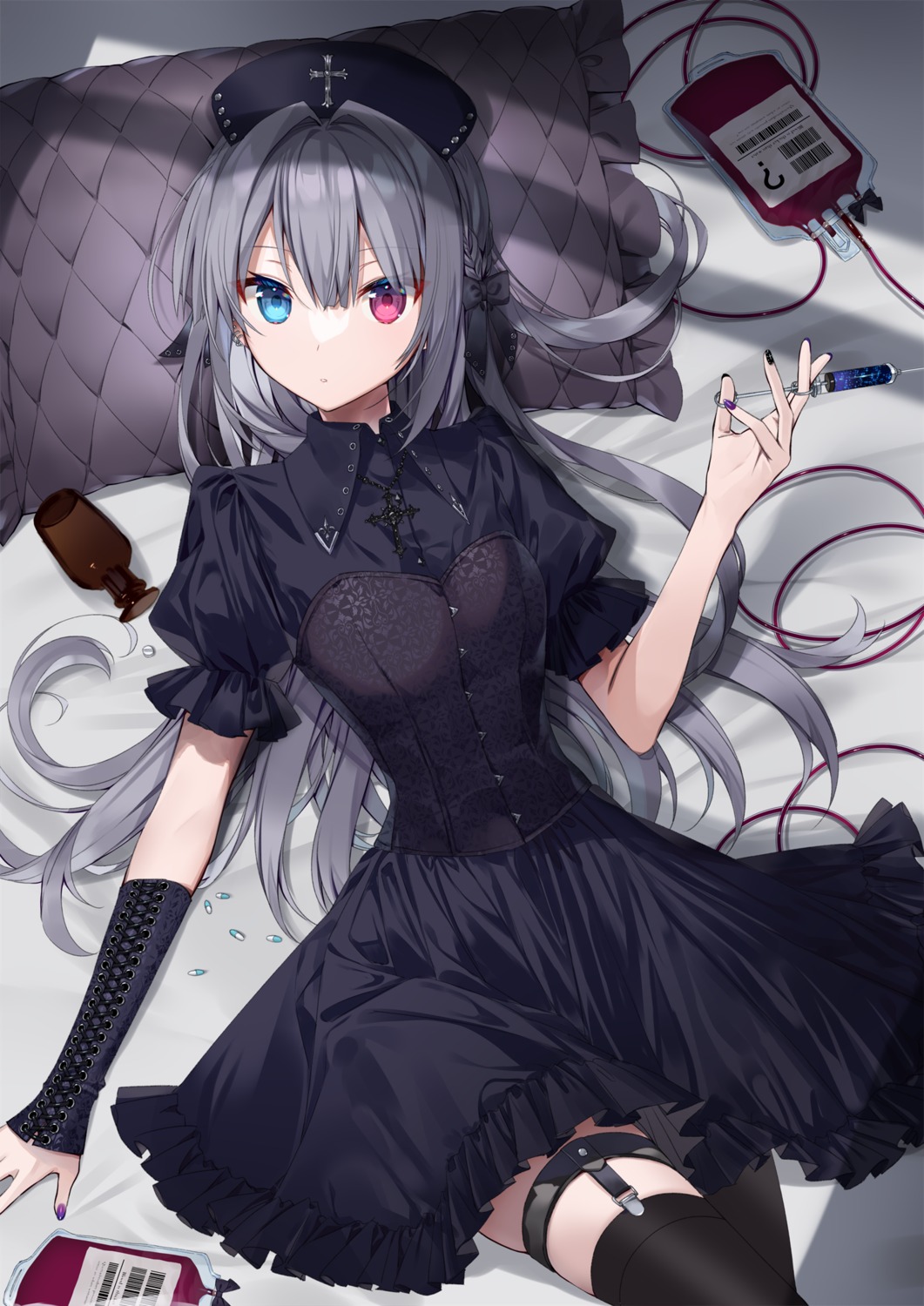 garter, gothic_lolita, heterochromia, lolita_fashion, nurse, stockings, thighhighs, yusano