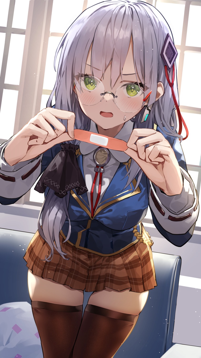 amagasa_yun, bandaid, heaven_burns_red, izumi_yuki, megane, seifuku, thighhighs