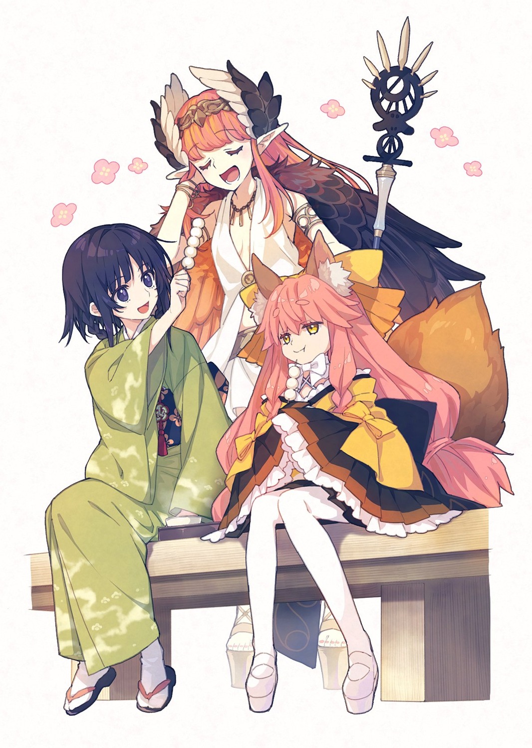 animal_ears, circe, fate/samurai_remnant, kimono, kitsune, lolita_fashion, no_bra, ogasawara_kaya, pointy_ears, saipaco, tail, tamamo_aria, wa_lolita, weapon, wings
