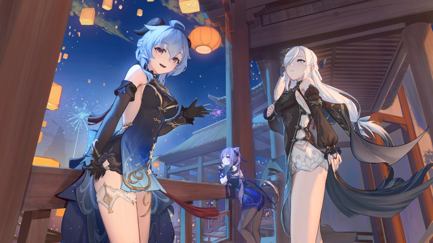asian_clothes, aton_(user_kufr5245), ganyu, garter, genshin_impact, horns, keqing, pantyhose