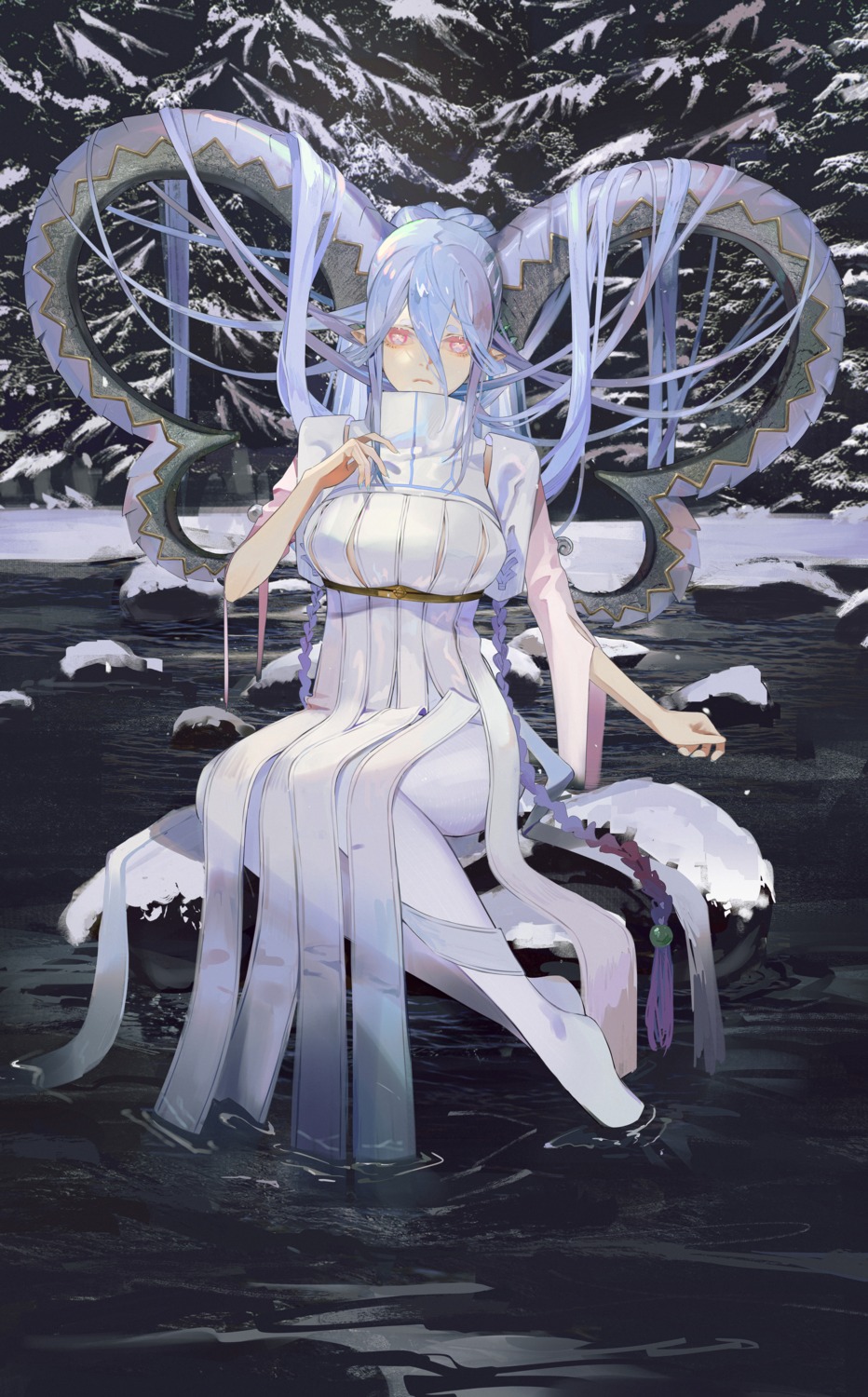 dress, fate/grand_order, horns, pantyhose, parai0, pointy_ears, tiamat_(fate), wet
