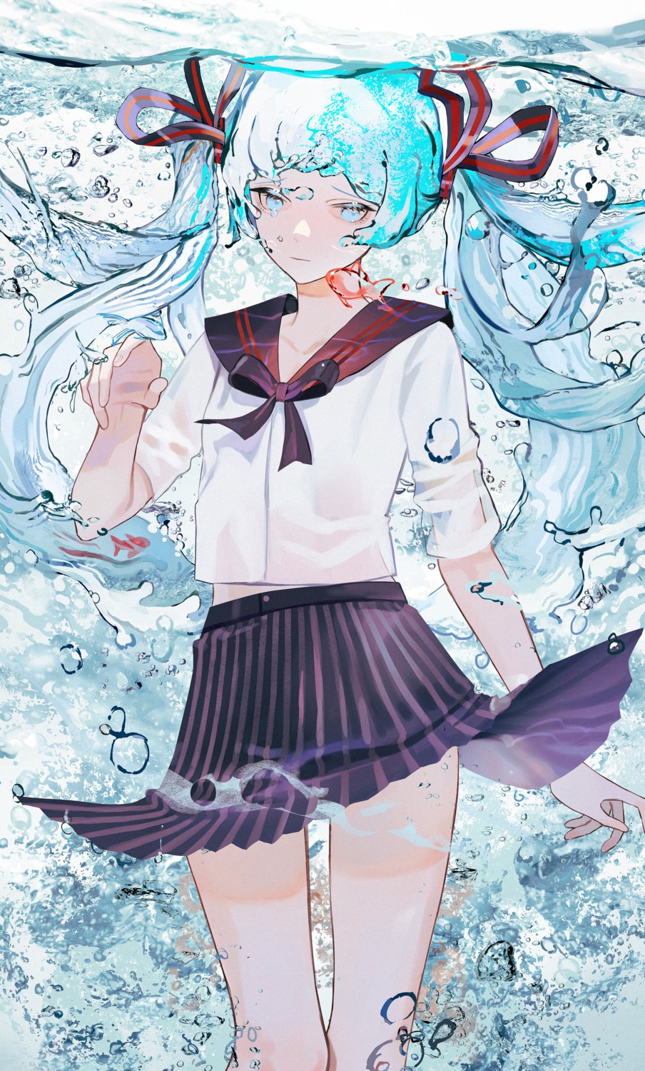 bottle_miku, hatsune_miku, parai0, see_through, seifuku, skirt_lift, vocaloid, wet
