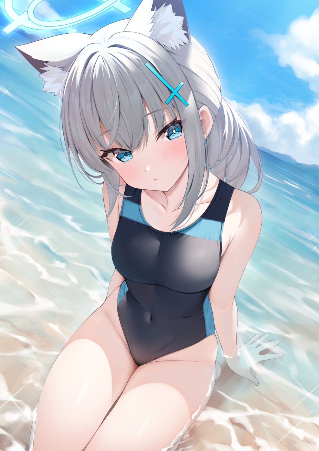 animal_ears, blue_archive, halo, nekomimi, rei_(ilust9999), sunaookami_shiroko, swimsuits, wet