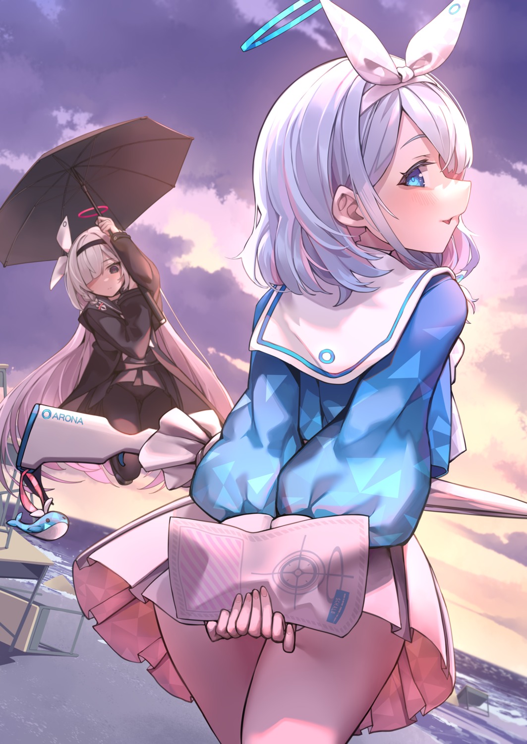 arona_(blue_archive), blue_archive, gun, halo, pantsu, pantyhose, plana_(blue_archive), seifuku, skirt_lift, umbrella, wei_yu
