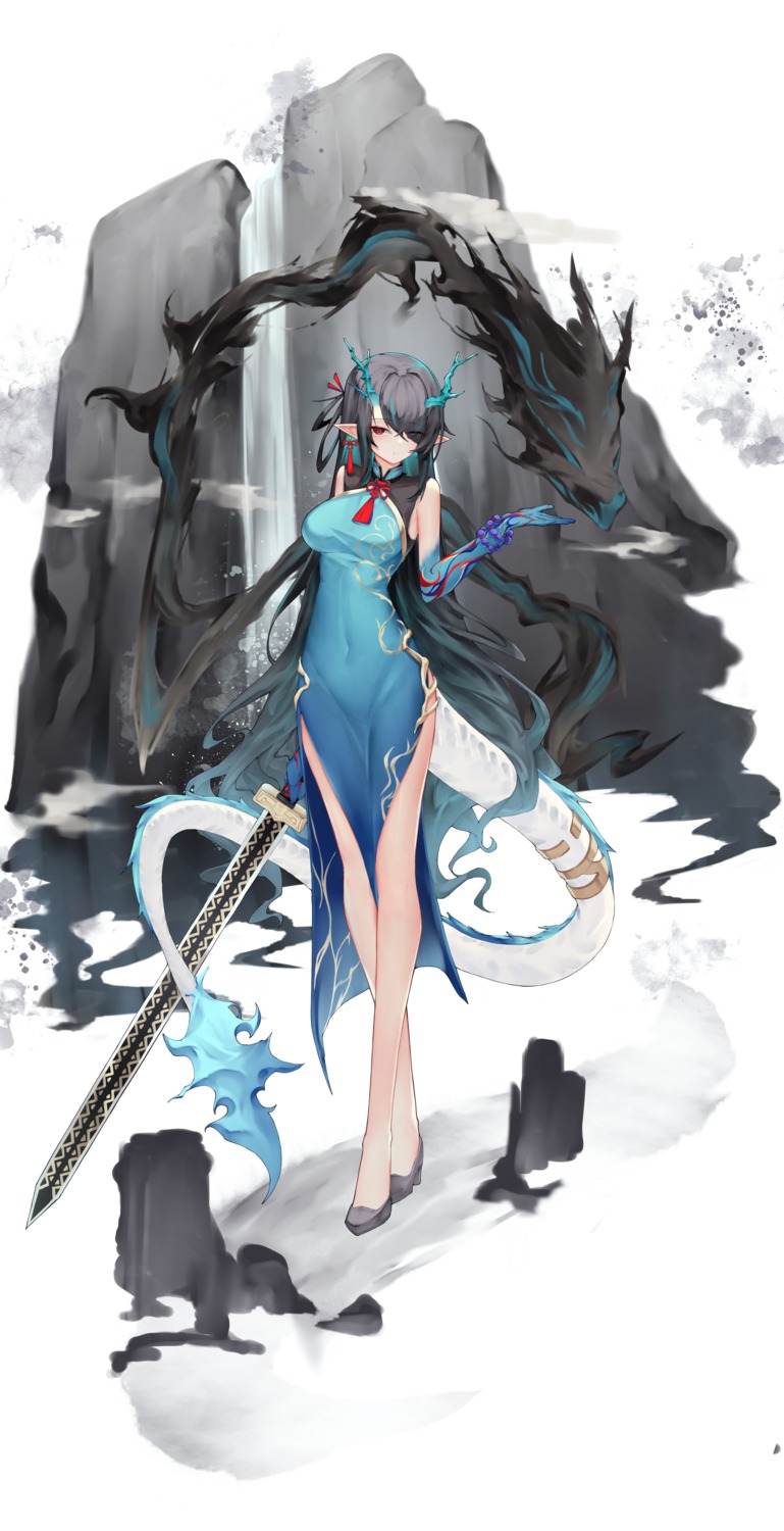 aoria, arknights, chinadress, dusk_(arknights), heels, horns, pointy_ears, sword, tail