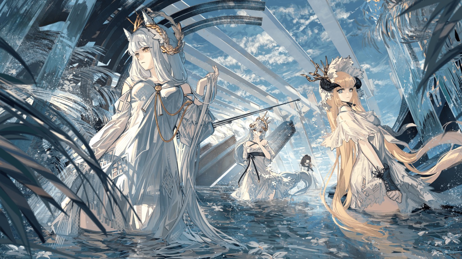 arknights, dress, horns, nightingale_(arknights), photoshop, platinum_(arknights), pointy_ears, skade