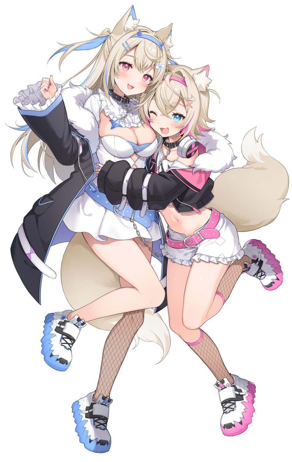 animal_ears, bandaid, fishnets, fuwawa_abyssgard, hololive, hololive_english, horns, inumimi, mococo_abyssgard, no_bra, tail, takanashi_(takanashi_tkns), thighhighs