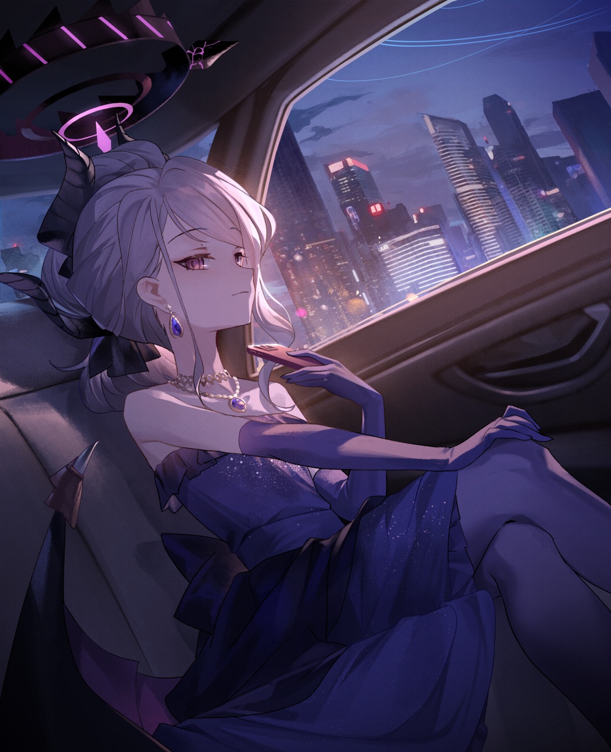 blue_archive, devil, dress, halo, hillly_(maiwetea), horns, sorasaki_hina, wings