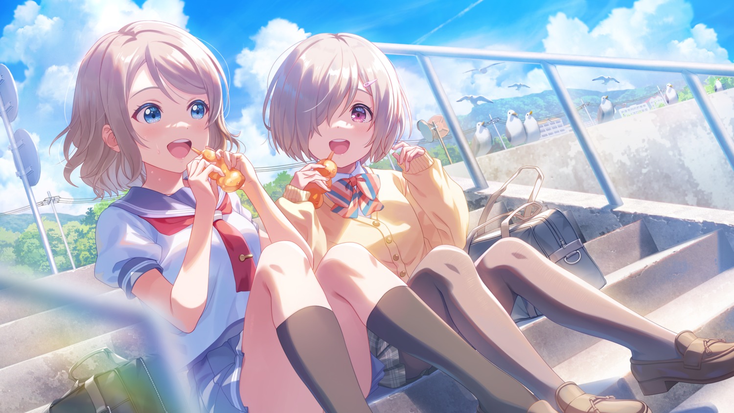 crossover, idoly_pride, love_live!_(series), love_live!_sunshine!!, pantyhose, seifuku, shiraishi_chisa, skirt_lift