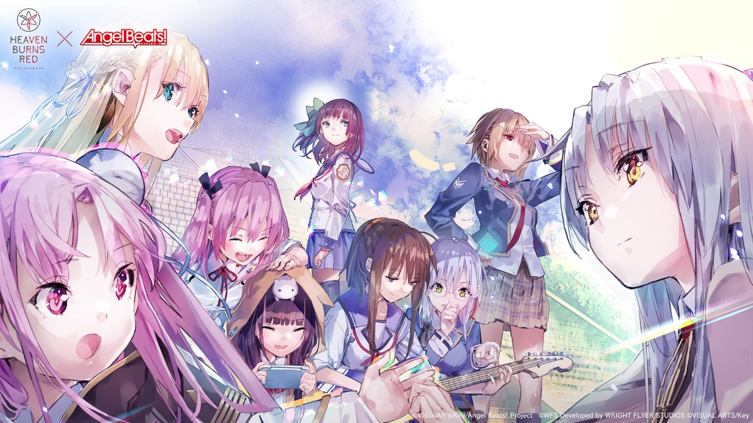 aikawa_megumi, angel_beats!, asakura_karen_(heaven_burns_red), crossover, fuchita_hisako, guitar, heaven_burns_red, izumi_yuki