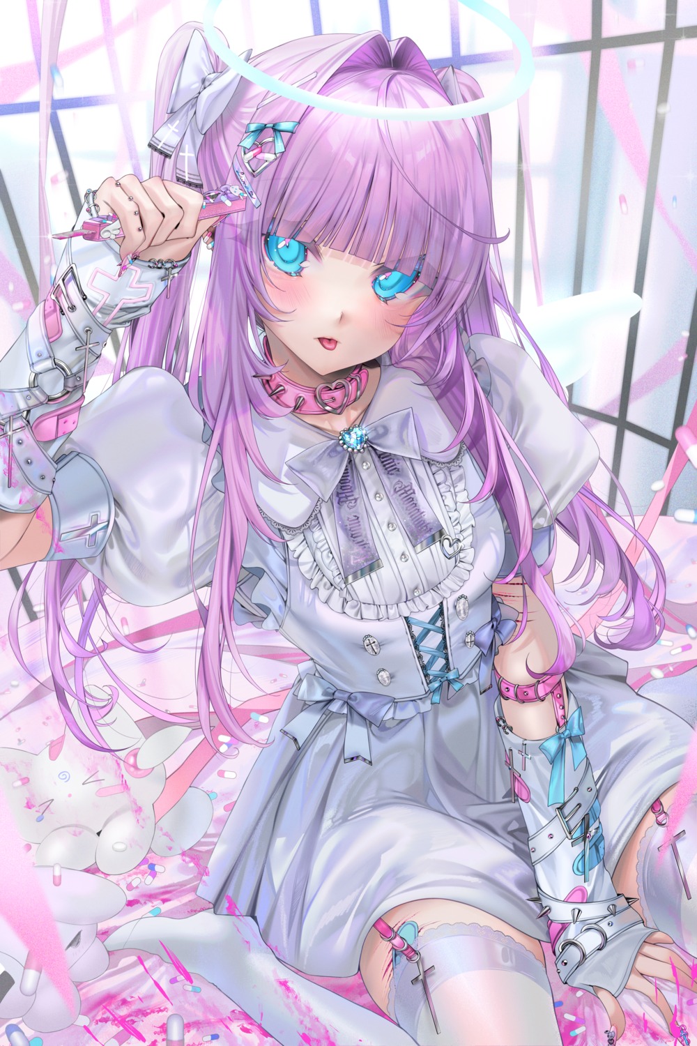 angel, bandaid, blood, lolita_fashion, luna_(unxi), stockings, thighhighs, unxi, weapon, wings