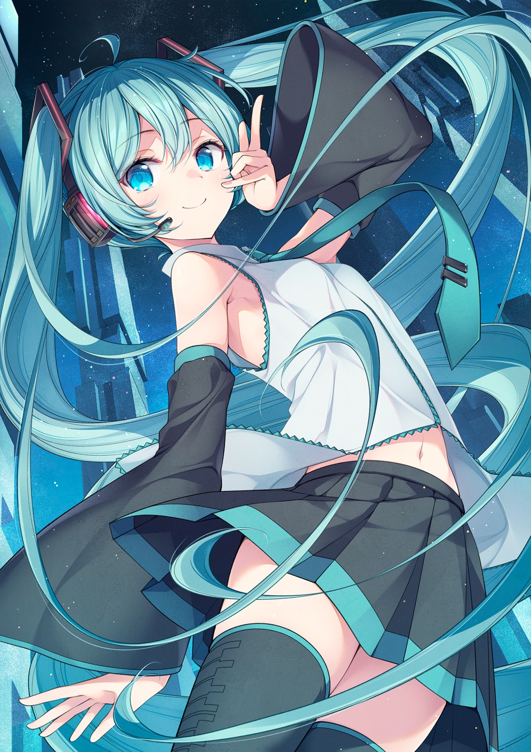 hatsune_miku, headphones, matsuuni, skirt_lift, thighhighs, vocaloid