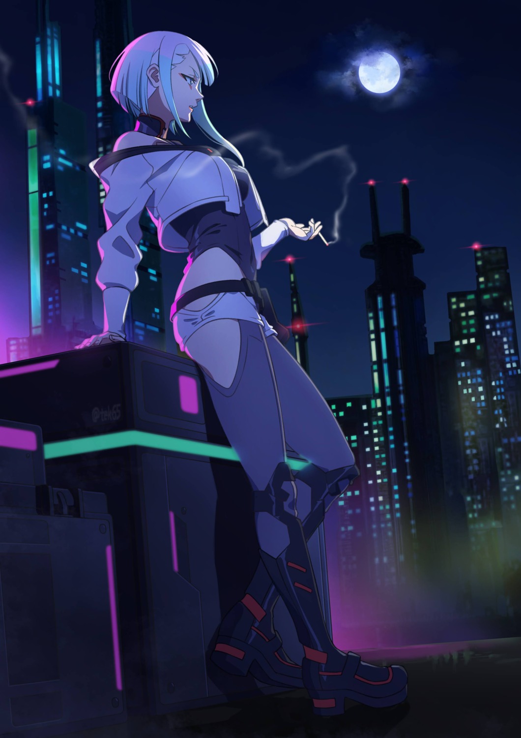 cyberpunk:_edgerunners, cyberpunk_2077, girugiru_(tektonics6588), jpeg_artifacts, lucy_(cyberpunk), smoking