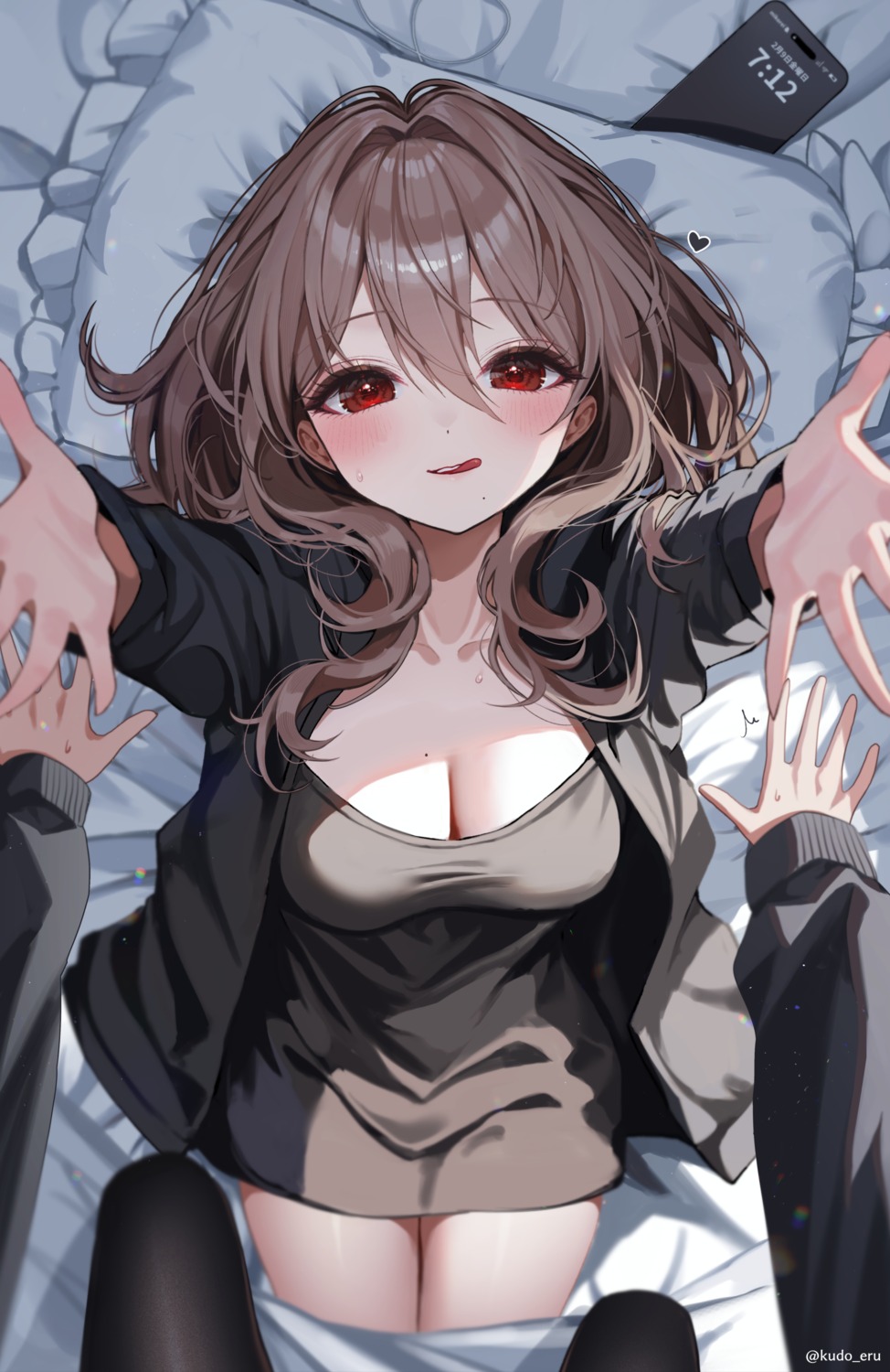 cleavage, dress, kudou_eru, pantyhose, sheets, sweater, yuri
